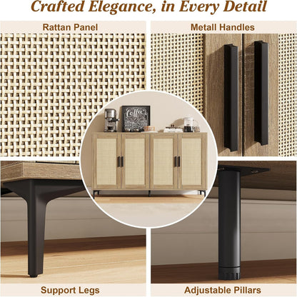 Junia 48" Rattan Sideboard Buffet Cabinet with 4 Doors & Adjustable Shelves, Light Oak