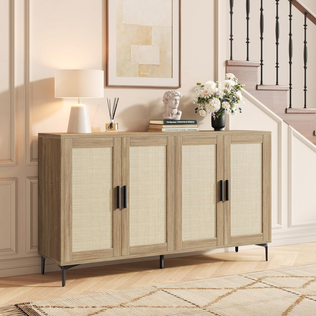 Junia 48" Rattan Sideboard Buffet Cabinet with 4 Doors & Adjustable Shelves, Light Oak