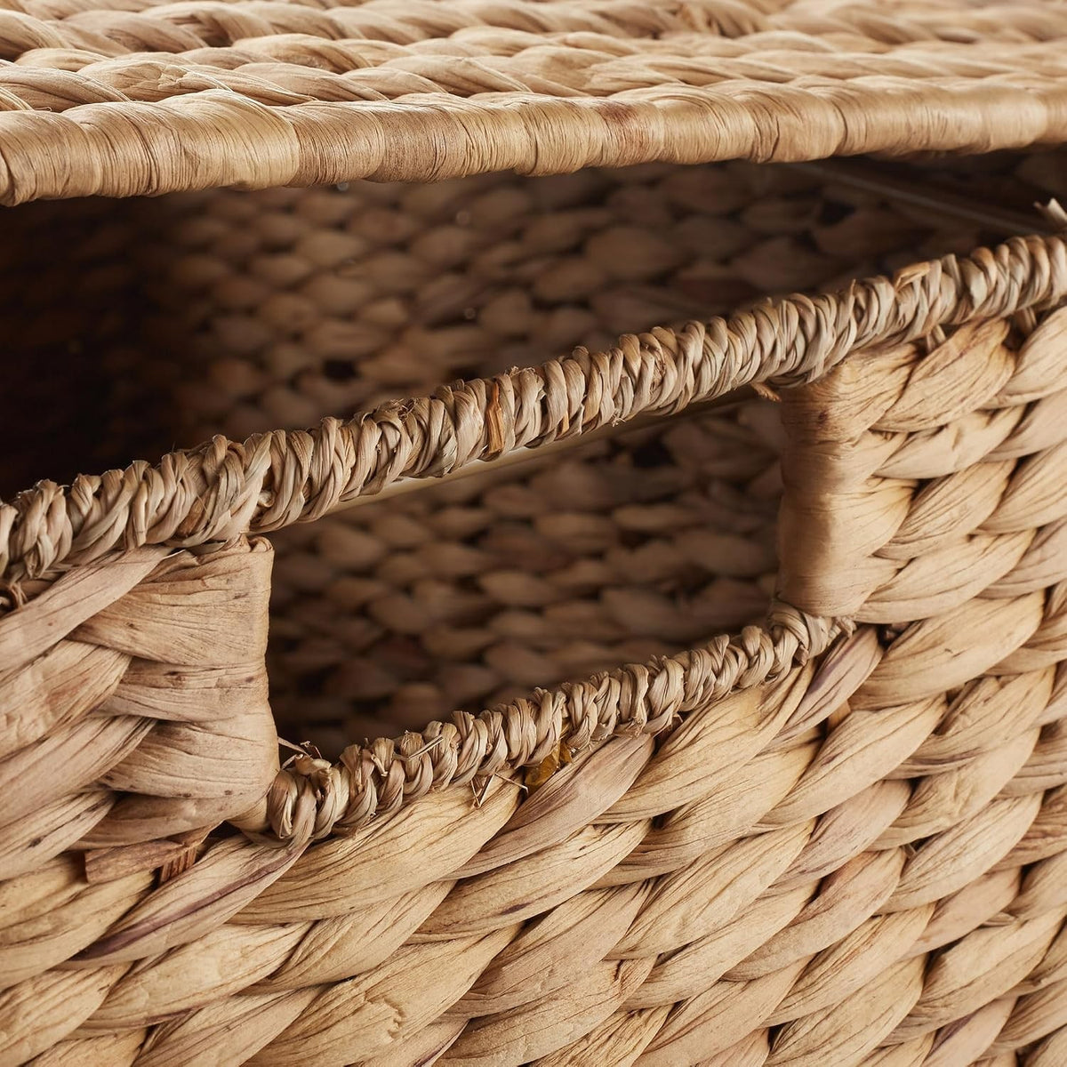 Close-up of handwoven water hyacinth weave and handle