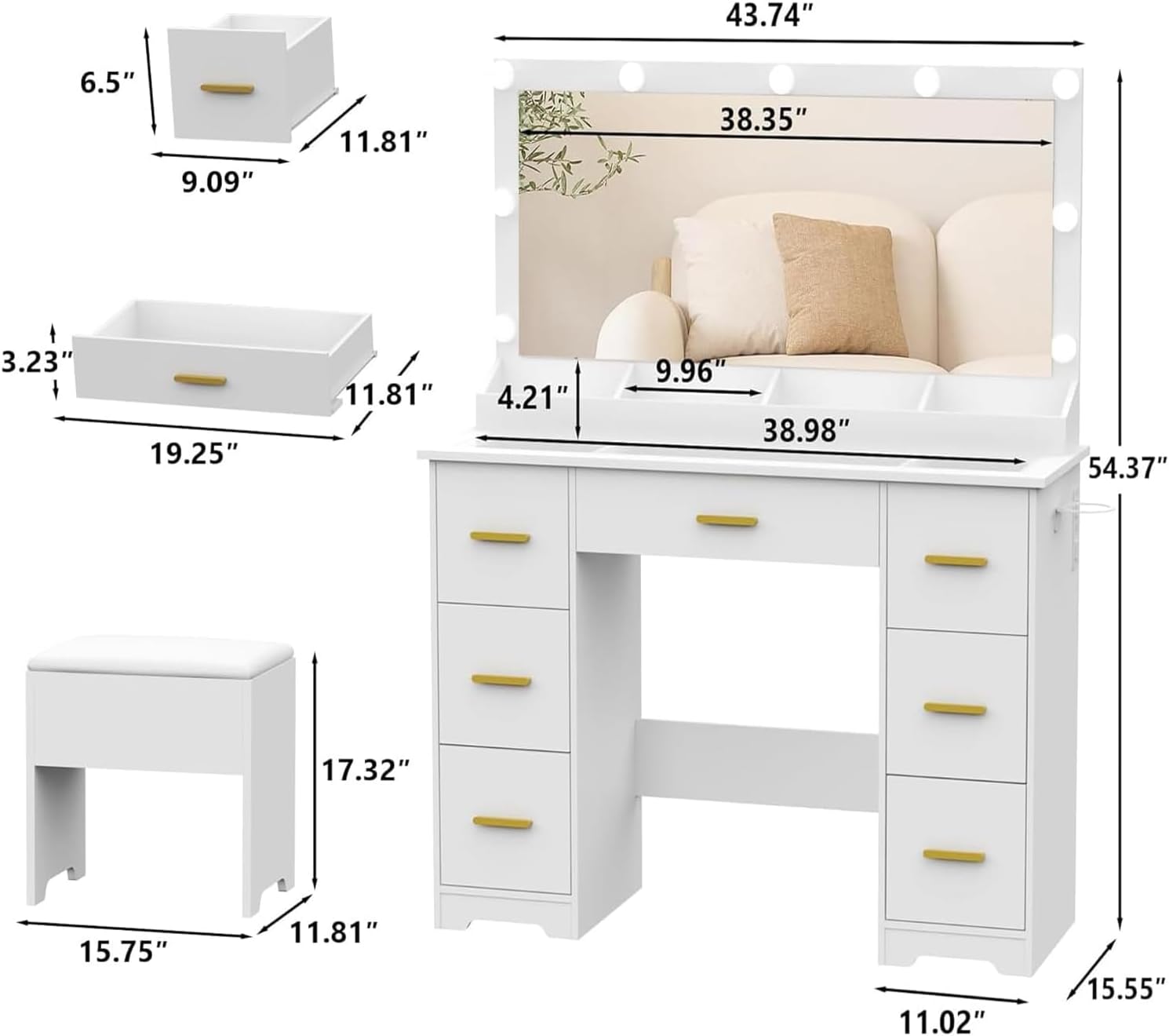 44" Vanity Desk with 38" Large Mirror and 9 LED Lights - Canva Home