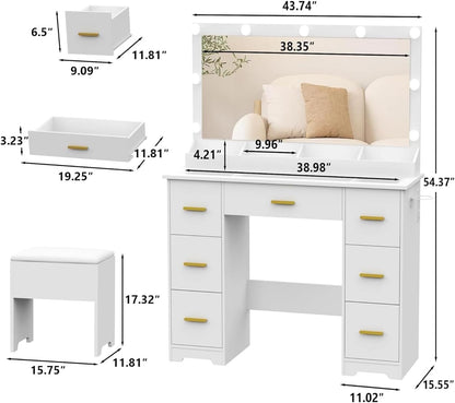 44" Vanity Desk with 38" Large Mirror and 9 LED Lights - Canva Home