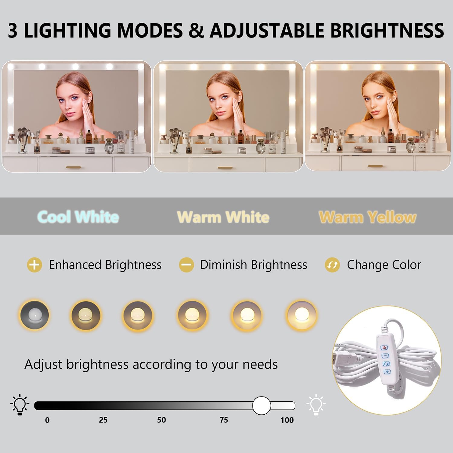 44" Vanity Desk with 38" Large Mirror and 9 LED Lights - Canva Home