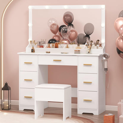 44" Vanity Desk with 38" Large Mirror and 9 LED Lights - Canva Home