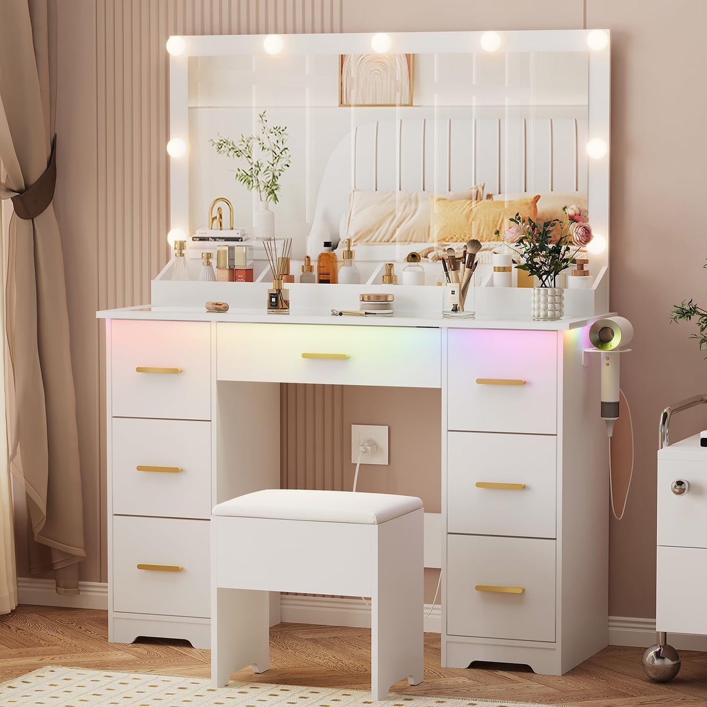 44" Vanity Desk with 38" Large Mirror and 9 LED Lights - Canva Home