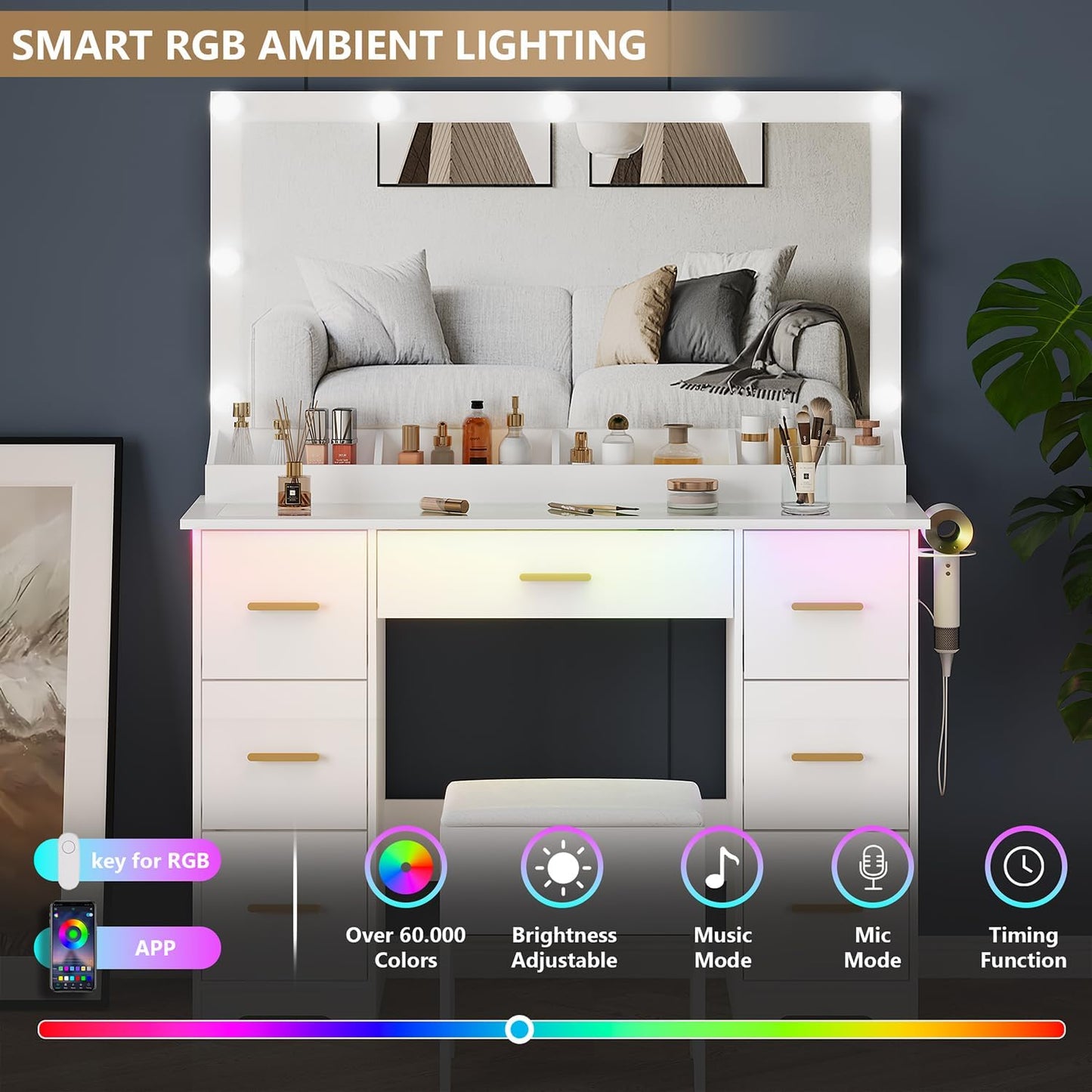 44" Vanity Desk with 38" Large Mirror and 9 LED Lights - Canva Home