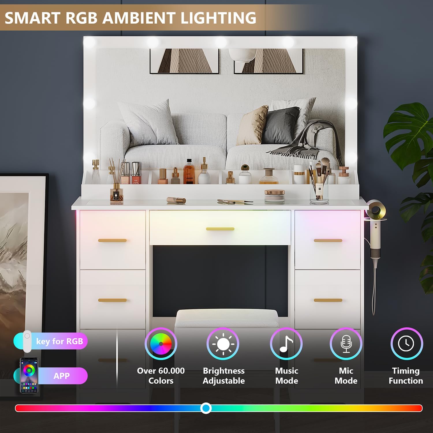 44" Vanity Desk with 38" Large Mirror and 9 LED Lights - Canva Home
