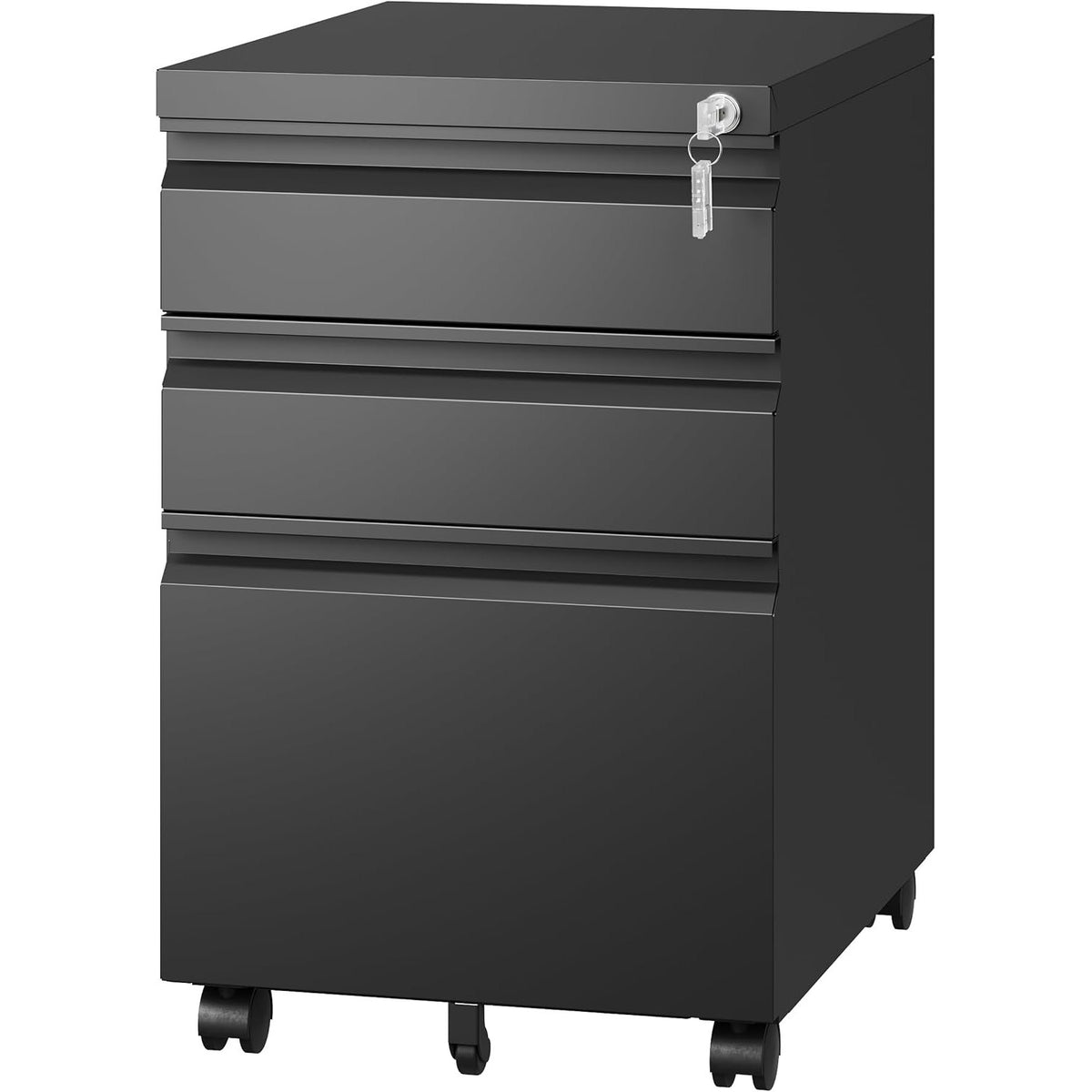 Black steel 3-drawer mobile file cabinet with lock