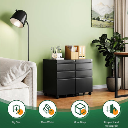 Two black mobile file cabinets in a living room home office