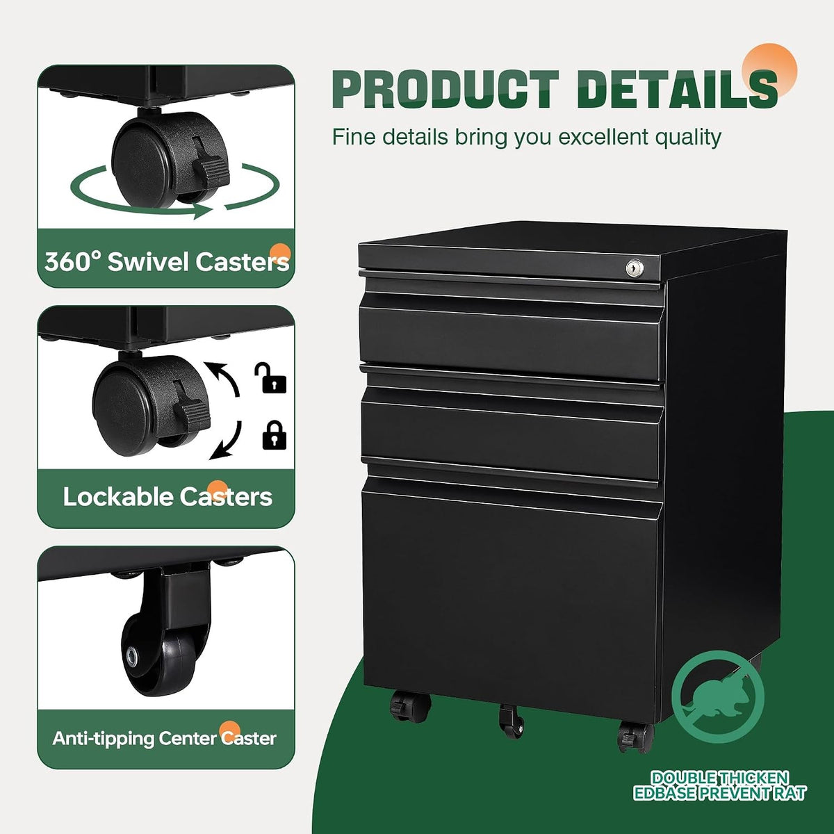 Swivel casters, locking casters and anti-tip center caster