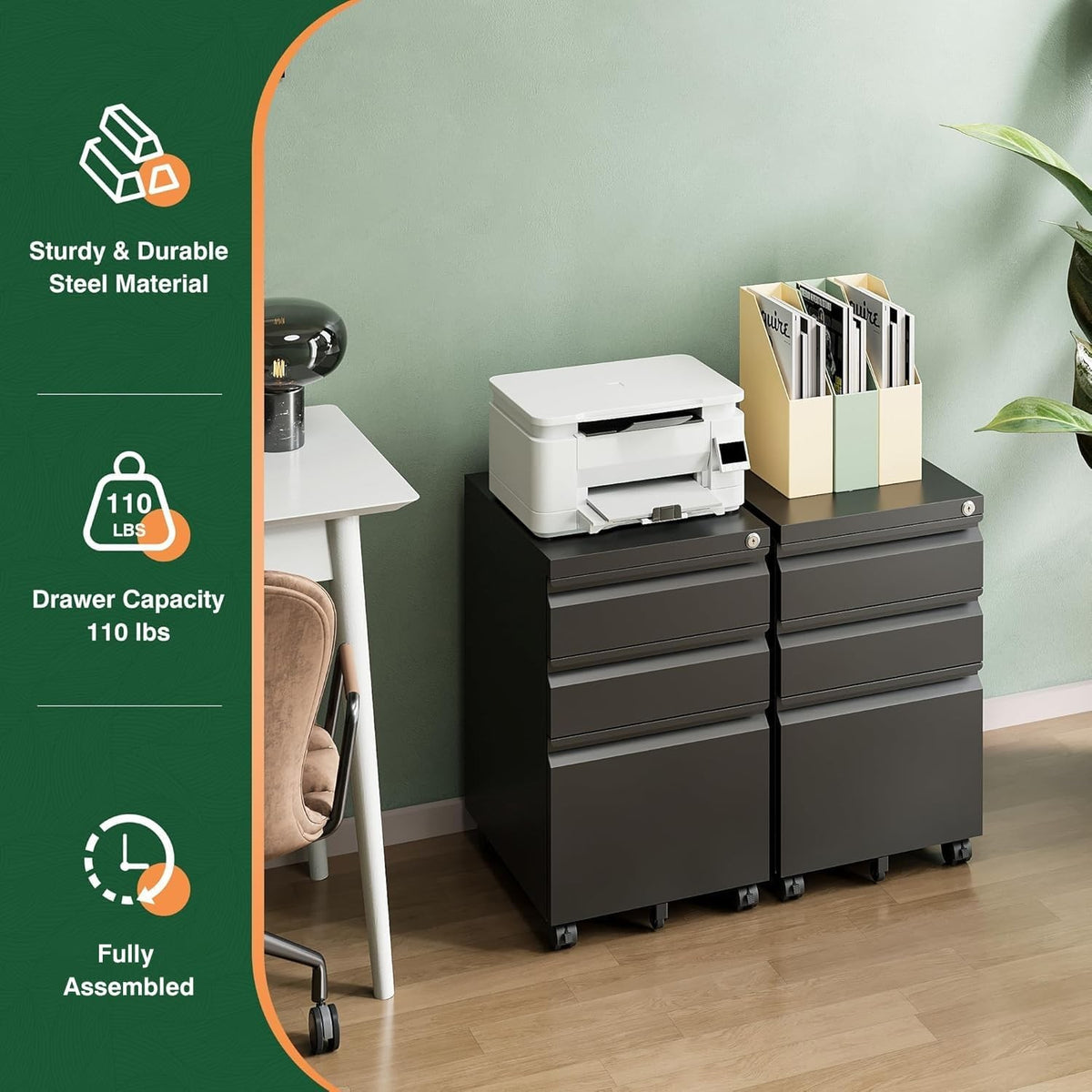 Black file cabinets holding a printer beside a desk