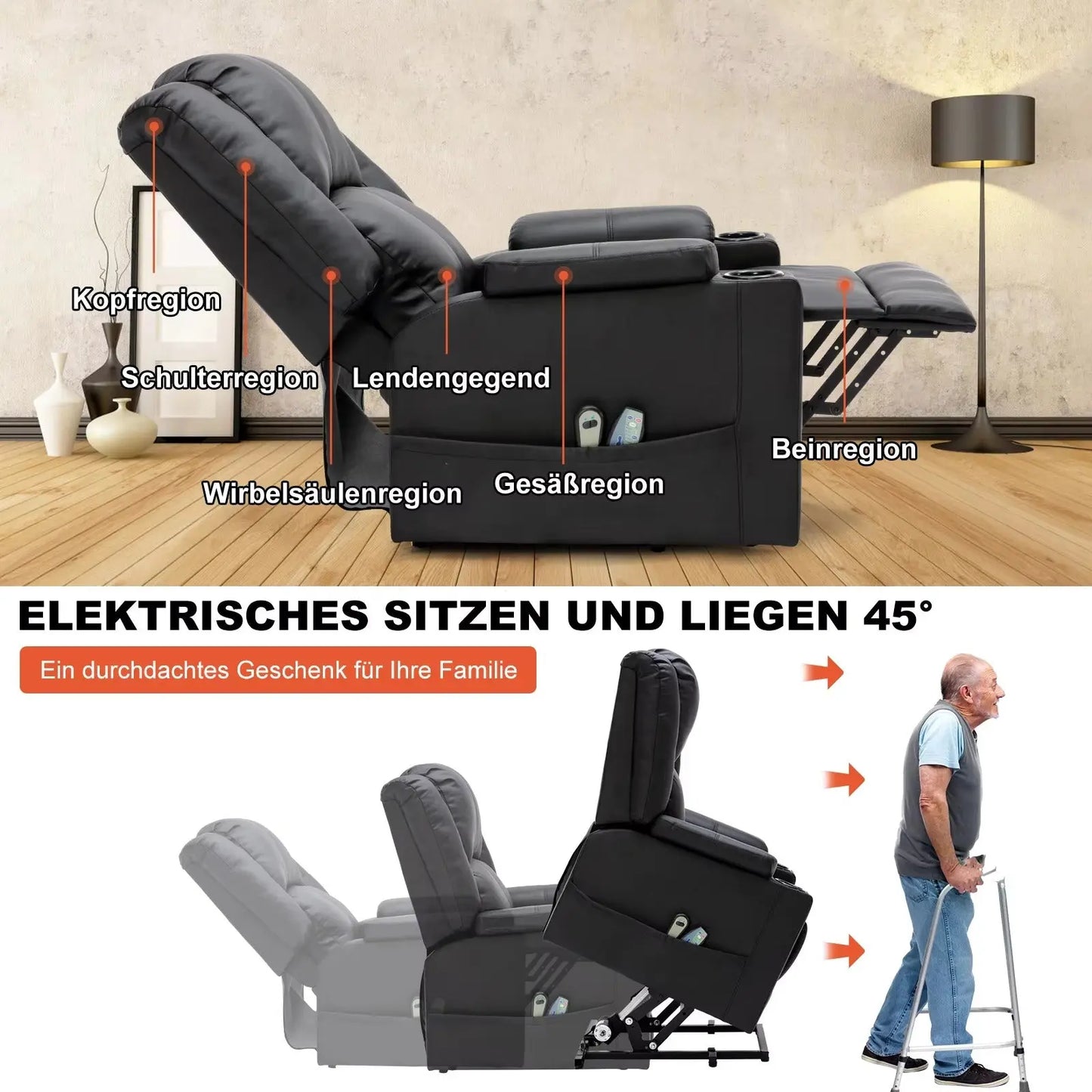 Single Seater Manual Air Leather Recliner with Built-In Cup Holder and Side Pocket Canva Home