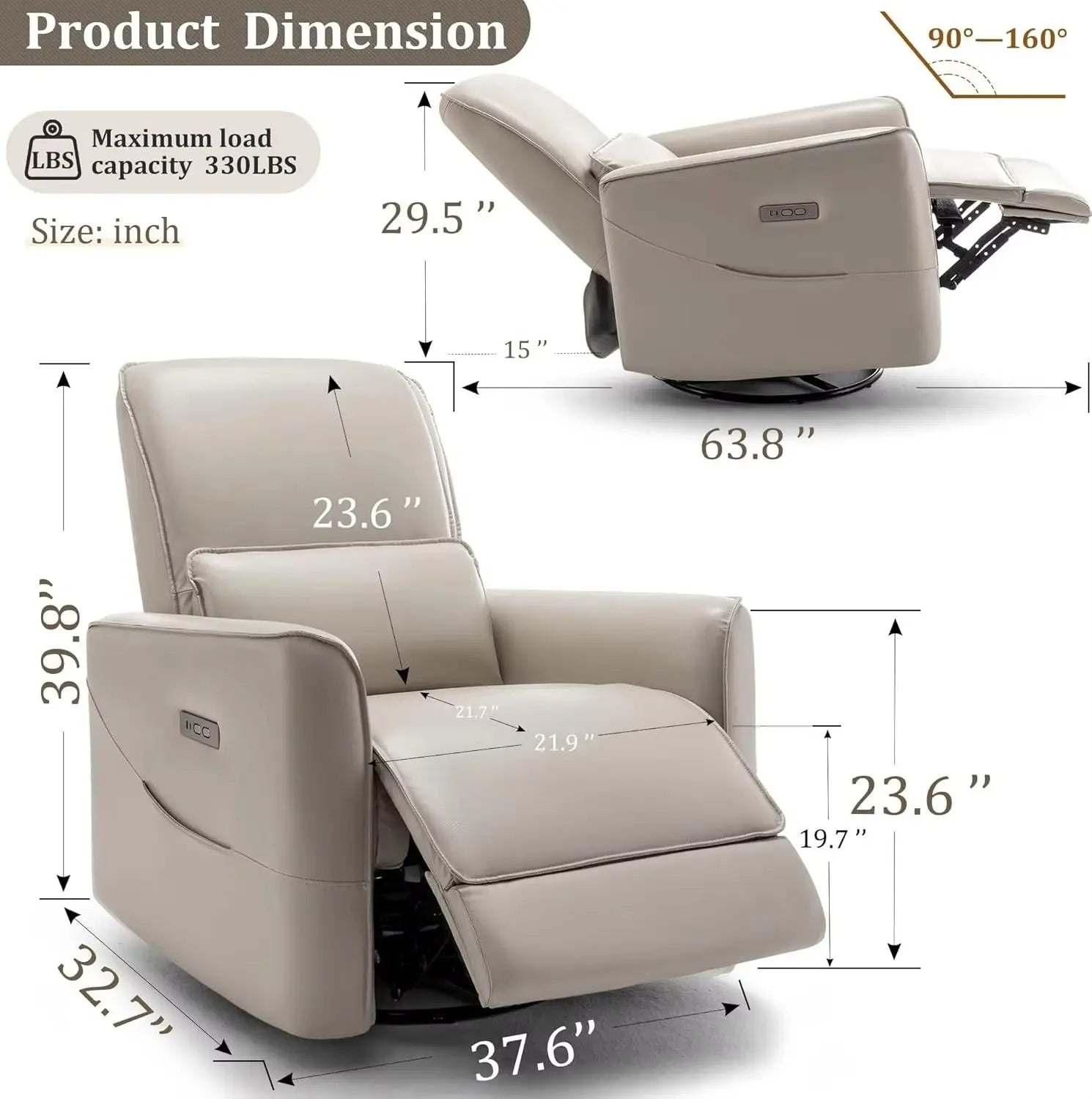 Swivel Rocker Power Recliner Chair with Smooth Motion System and USB & Type-C Ports Canva Home