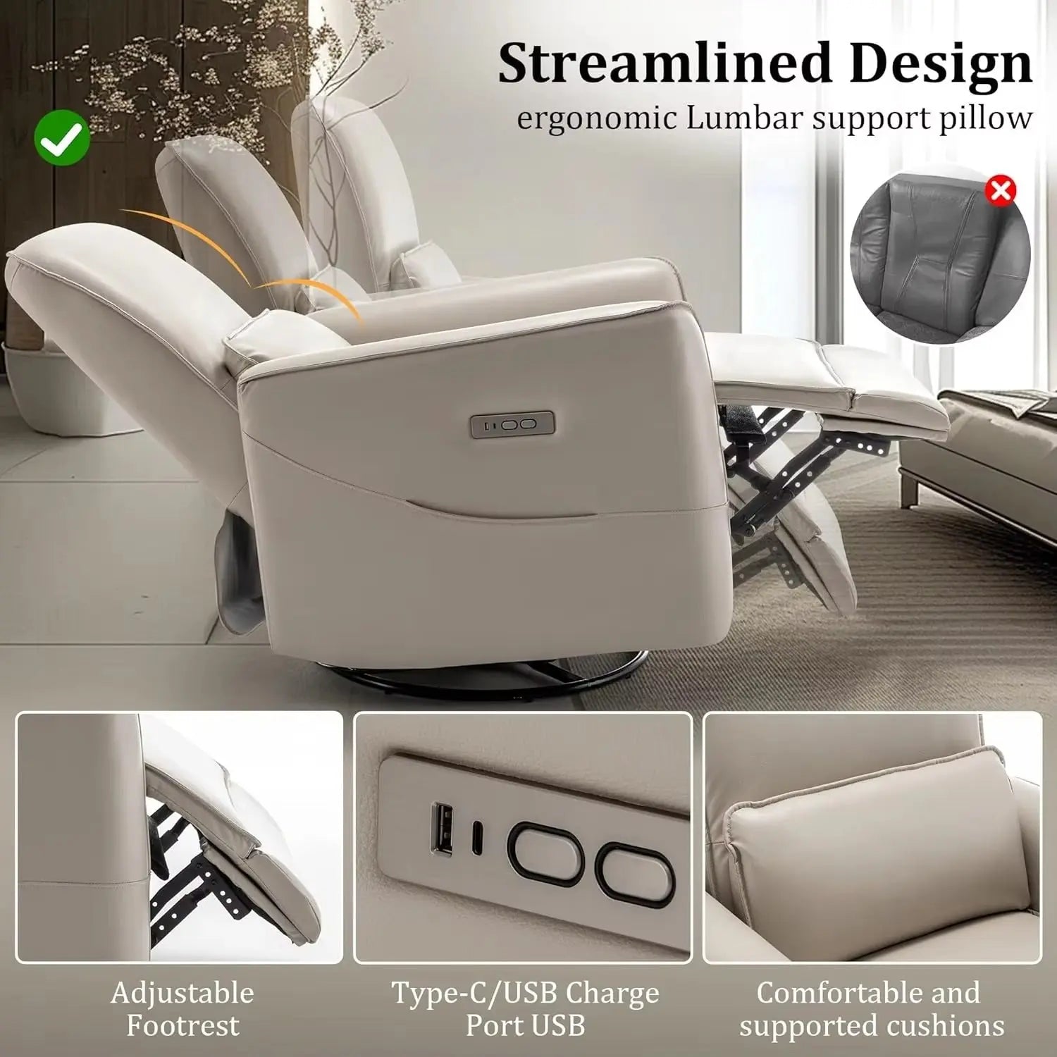 Swivel Rocker Power Recliner Chair with Smooth Motion System and USB & Type-C Ports Canva Home