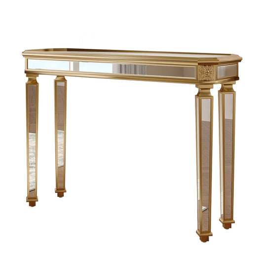 Gold mirrored console table with carved wood detail