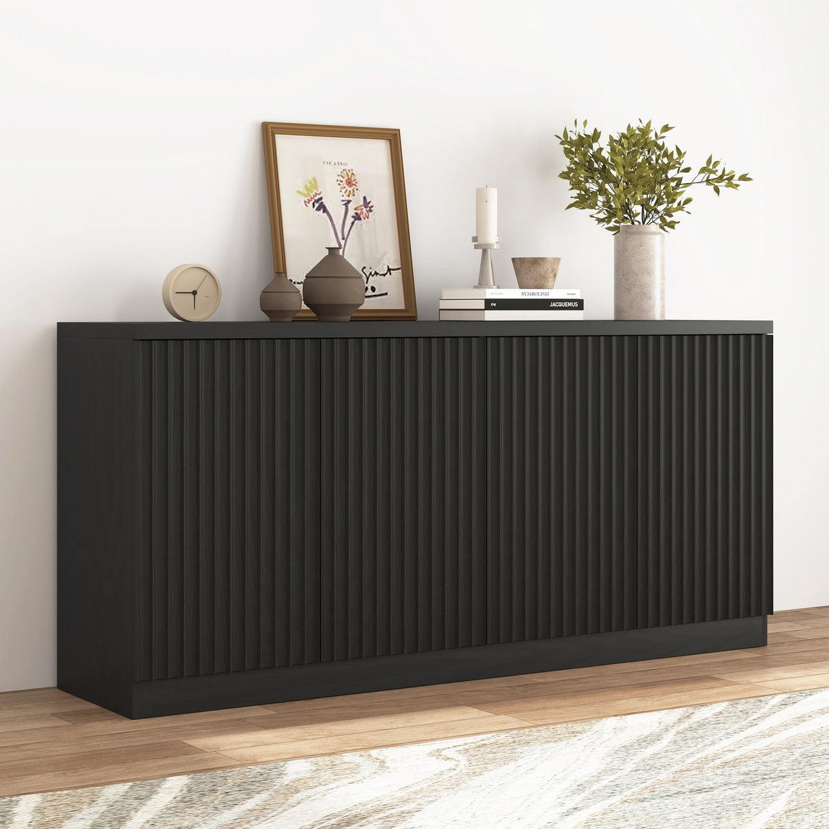 Black fluted buffet sideboard with 4 doors