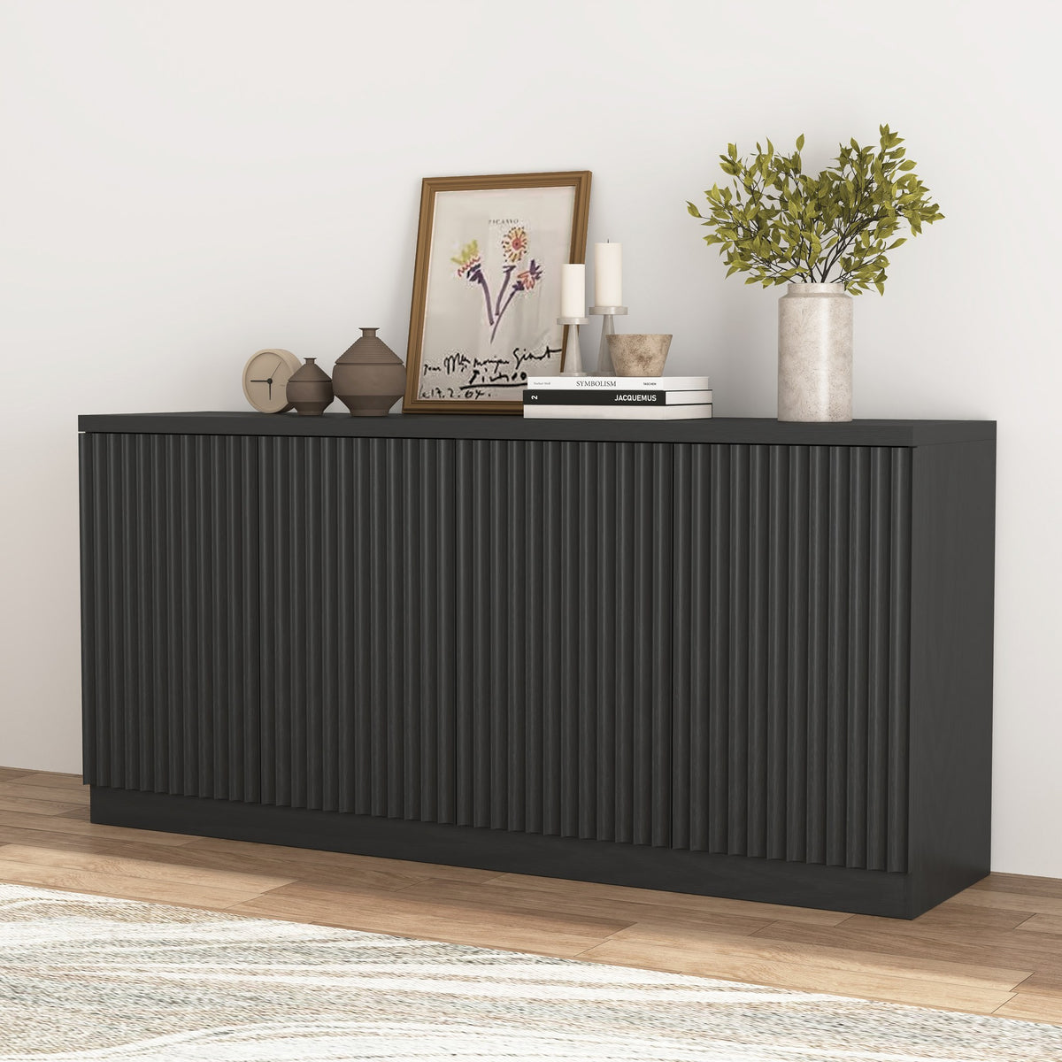 Black fluted buffet sideboard with 4 doors