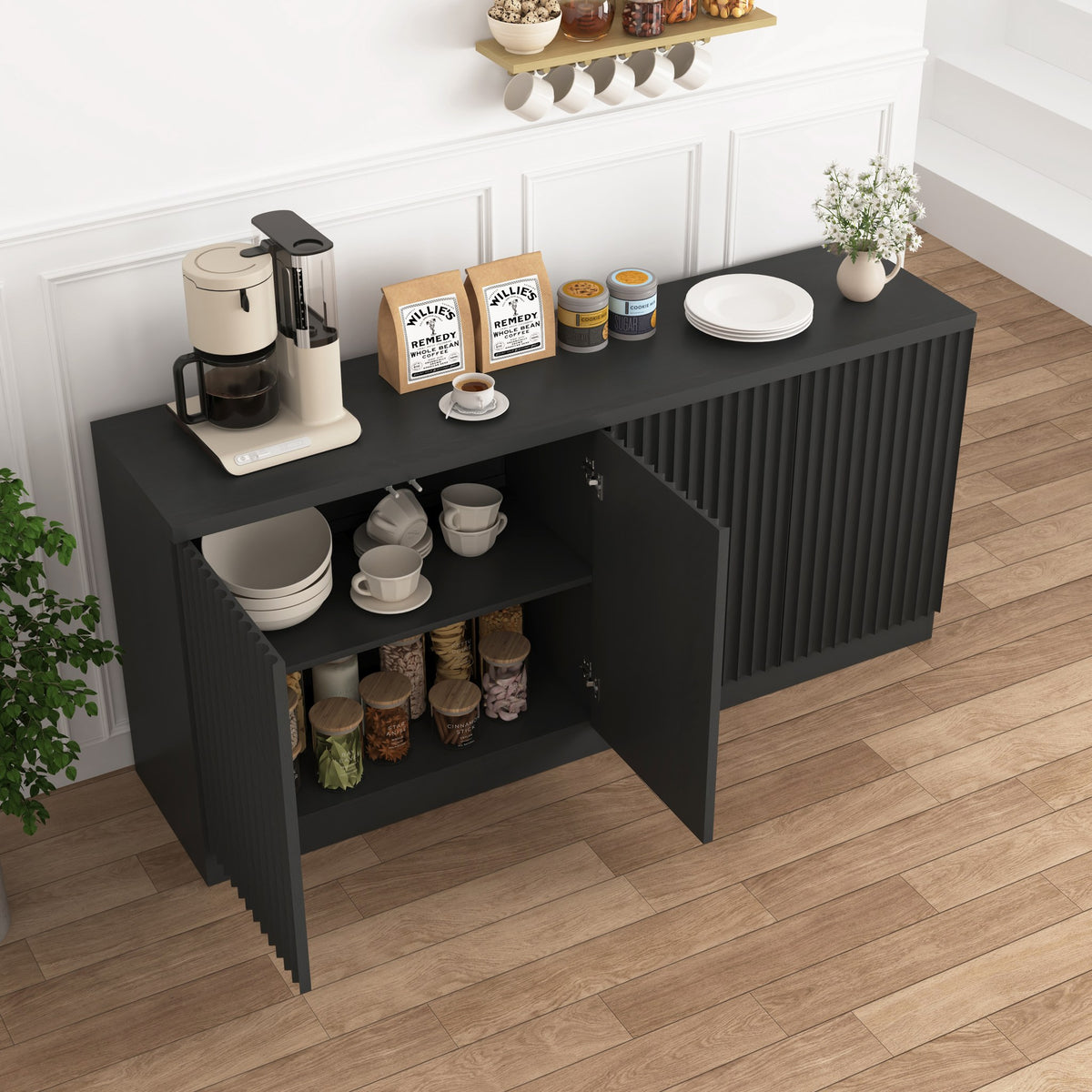 Black fluted buffet sideboard with 4 doors