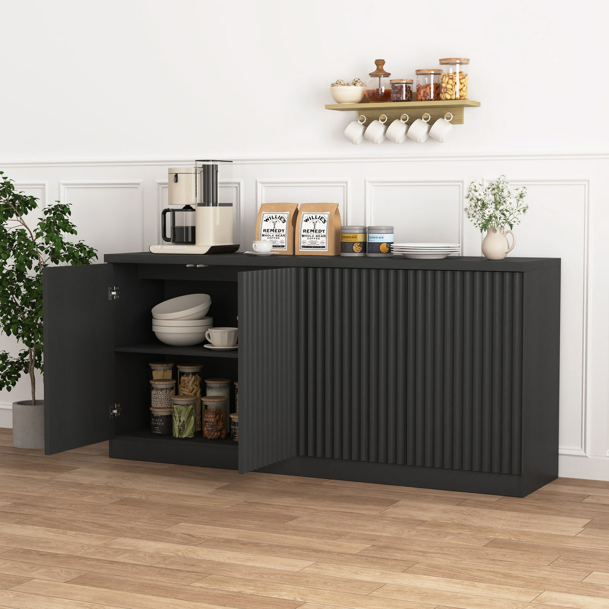Black fluted buffet sideboard with 4 doors