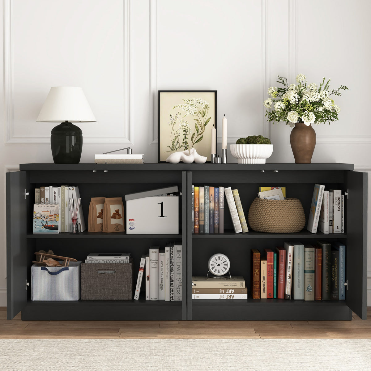 Black fluted buffet sideboard with 4 doors
