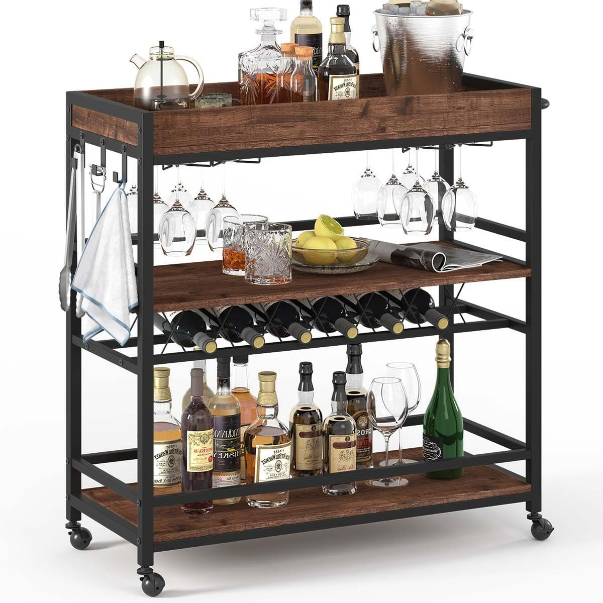 Ophelia 3-Tier Rolling Bar Cart with Wine Rack & Stemware Holders, Rustic Oak