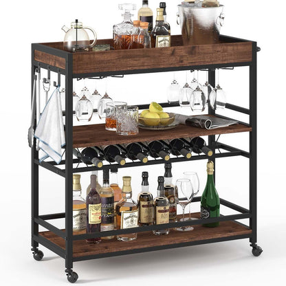 Ophelia 3-Tier Rolling Bar Cart with Wine Rack & Stemware Holders, Rustic Oak