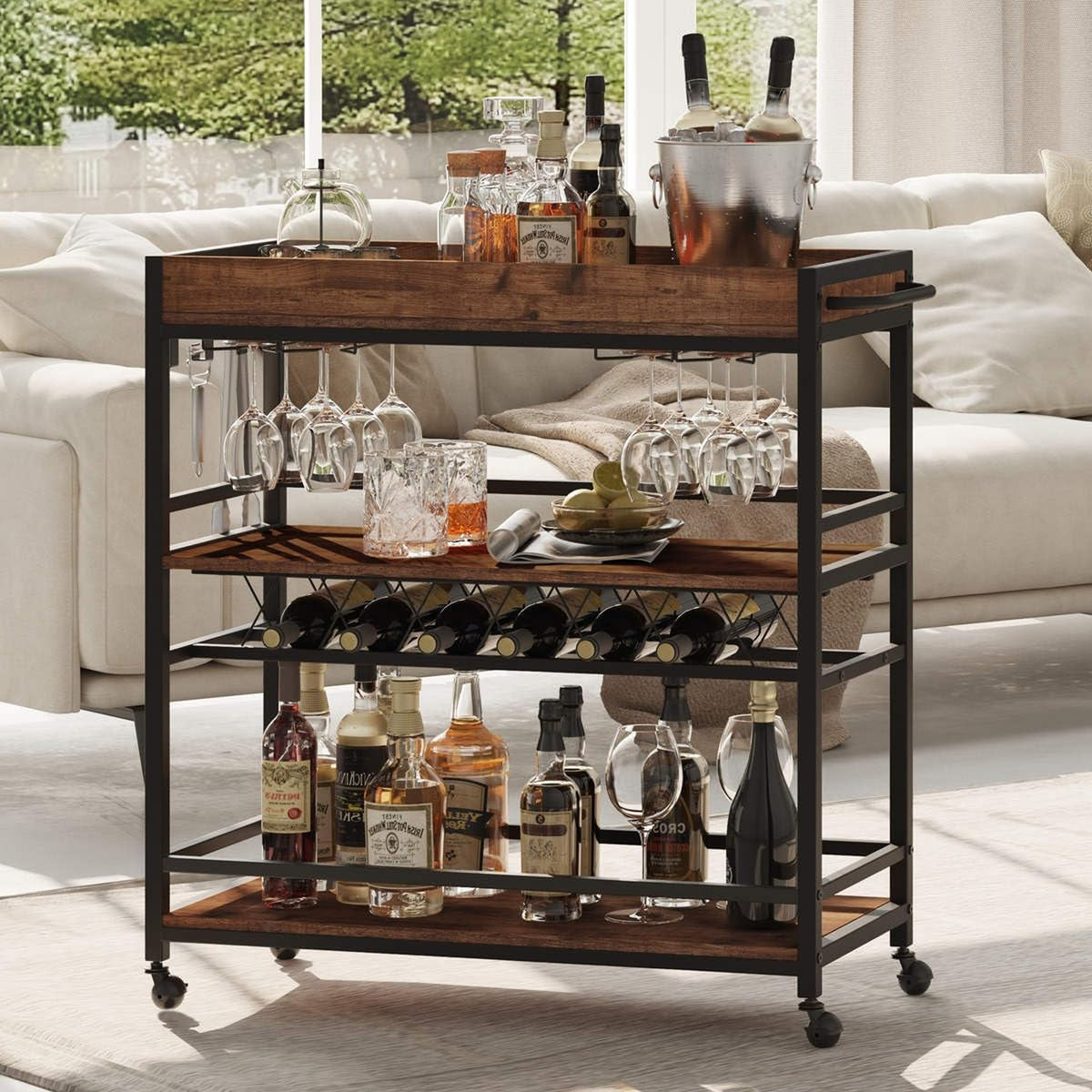 Ophelia 3-Tier Rolling Bar Cart with Wine Rack & Stemware Holders, Rustic Oak