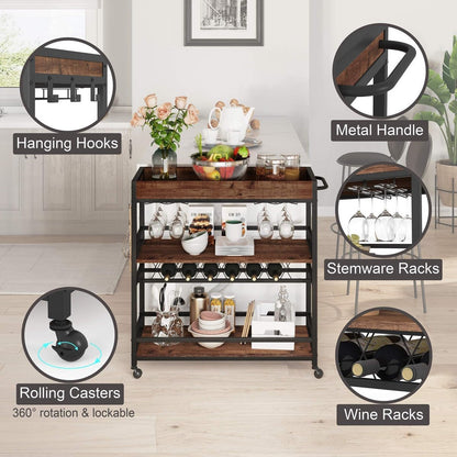 Ophelia 3-Tier Rolling Bar Cart with Wine Rack & Stemware Holders, Rustic Oak
