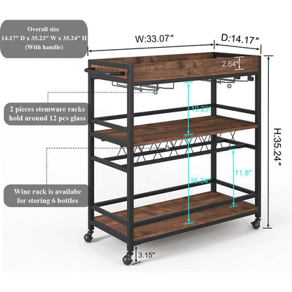 Ophelia 3-Tier Rolling Bar Cart with Wine Rack & Stemware Holders, Rustic Oak