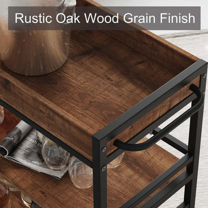 Ophelia 3-Tier Rolling Bar Cart with Wine Rack & Stemware Holders, Rustic Oak