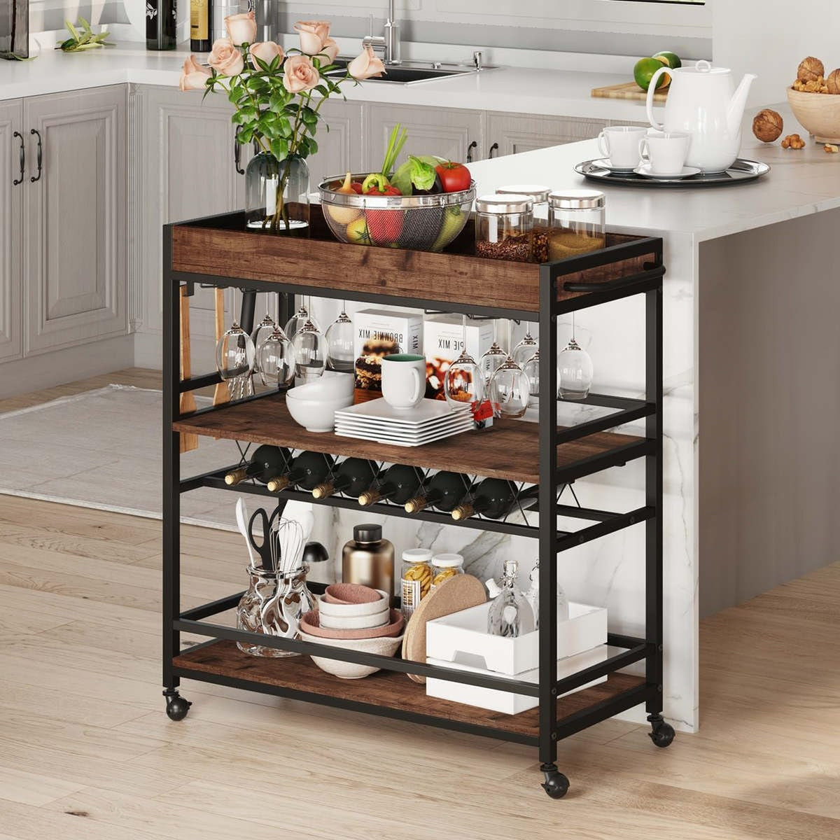 Ophelia 3-Tier Rolling Bar Cart with Wine Rack & Stemware Holders, Rustic Oak
