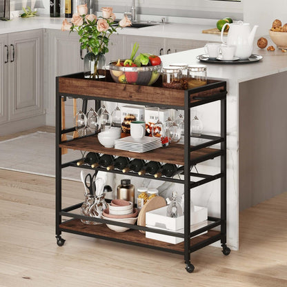 Ophelia 3-Tier Rolling Bar Cart with Wine Rack & Stemware Holders, Rustic Oak