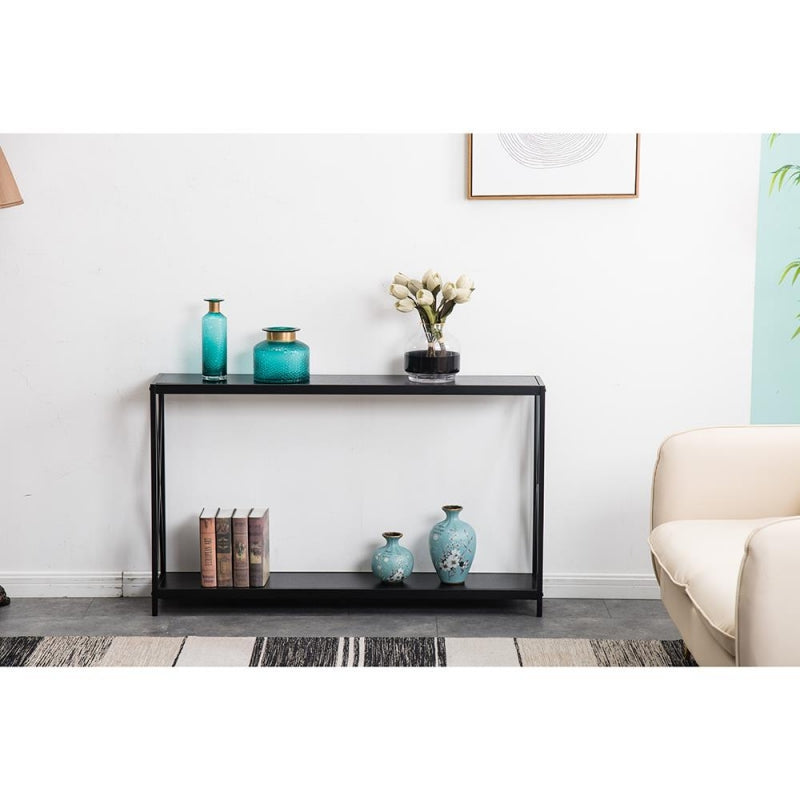 Ottilie Long Narrow Black Console Table with Shelf