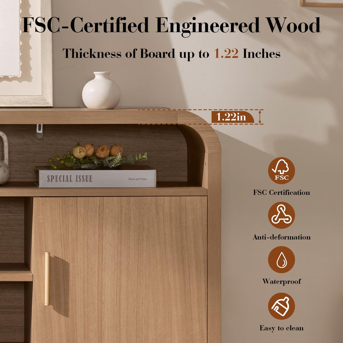 65" Light Burl Sideboard Curved TV Stand - Canva Home