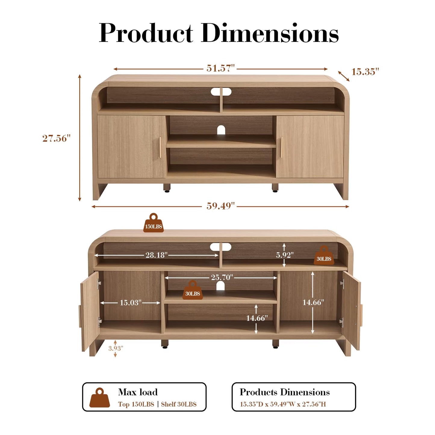 65" Light Burl Sideboard Curved TV Stand - Canva Home