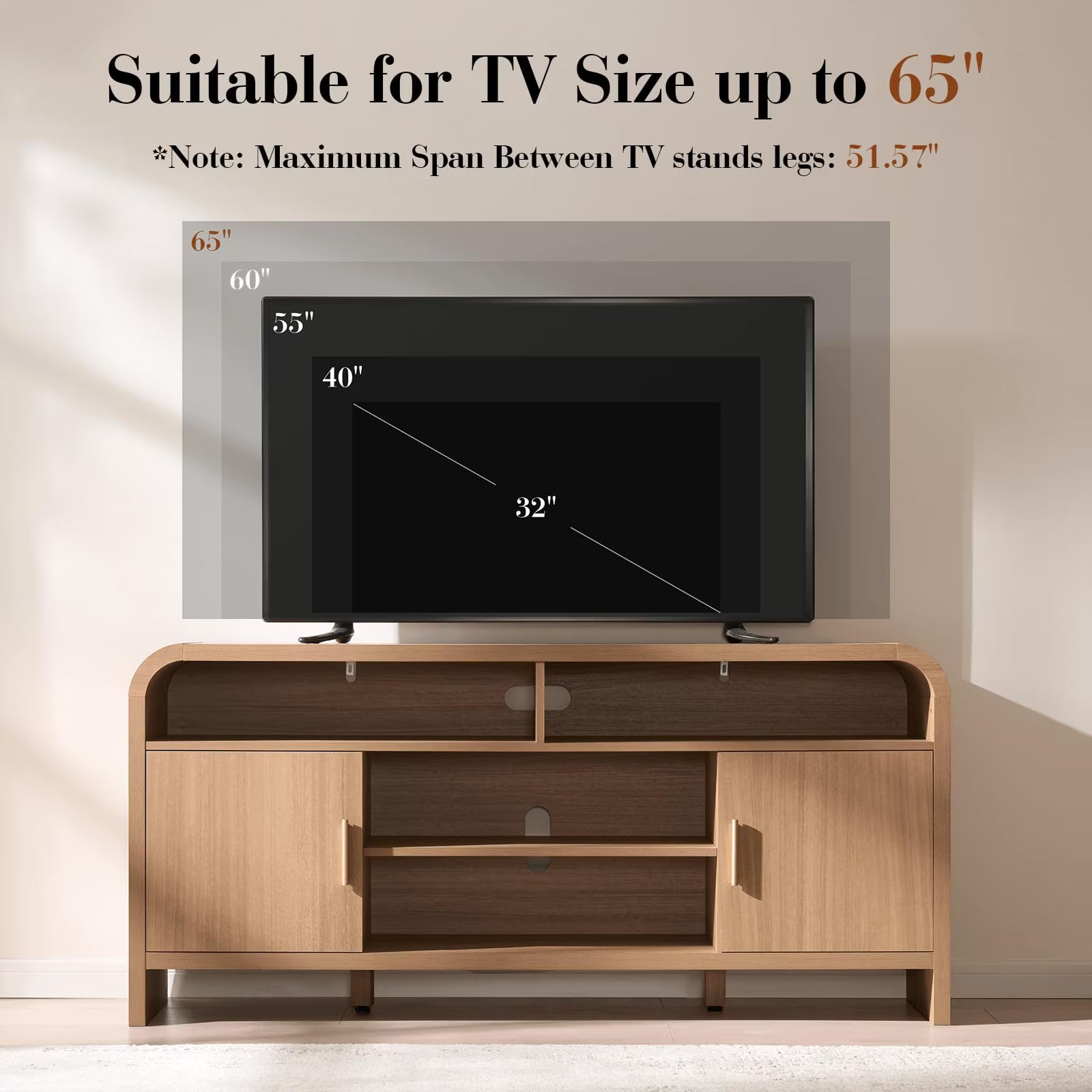 65" Light Burl Sideboard Curved TV Stand - Canva Home