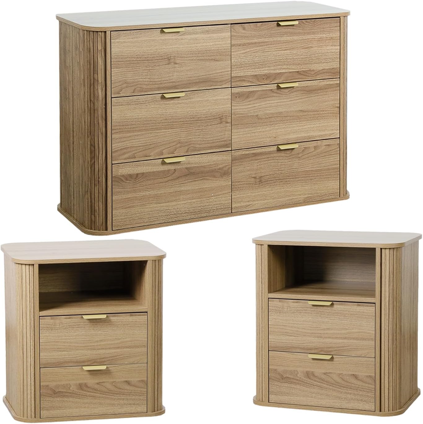 3-Piece Bedroom Furniture Set, Modern Fluted 6 Drawer Dresser & 2-Drawer Nightstands - Canva Home
