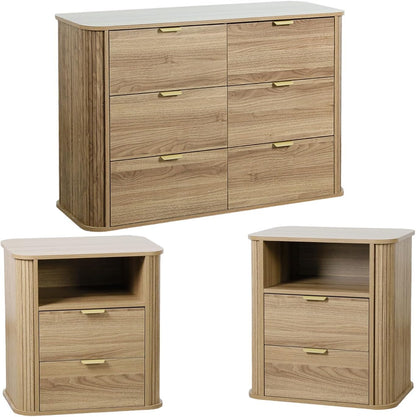 3-Piece Bedroom Furniture Set, Modern Fluted 6 Drawer Dresser & 2-Drawer Nightstands - Canva Home