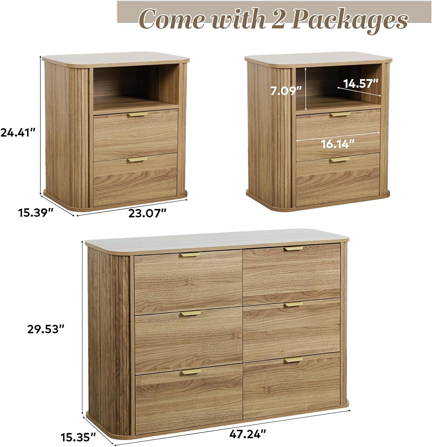 3-Piece Bedroom Furniture Set, Modern Fluted 6 Drawer Dresser & 2-Drawer Nightstands - Canva Home
