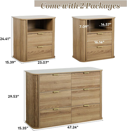 3-Piece Bedroom Furniture Set, Modern Fluted 6 Drawer Dresser & 2-Drawer Nightstands - Canva Home