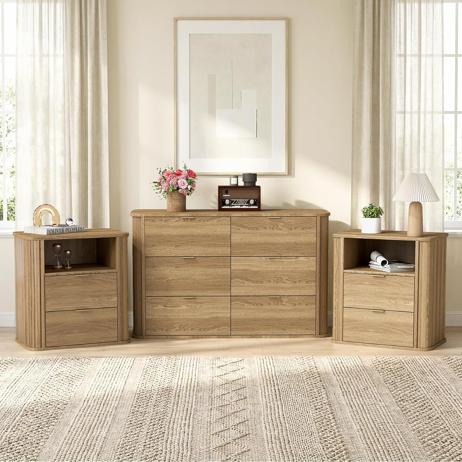 3-Piece Bedroom Furniture Set, Modern Fluted 6 Drawer Dresser & 2-Drawer Nightstands - Canva Home