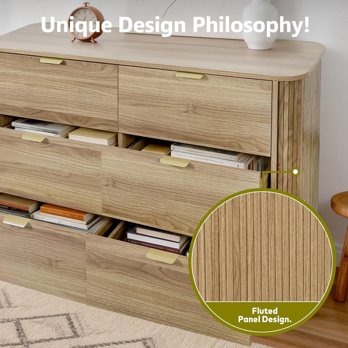 3-Piece Bedroom Furniture Set, Modern Fluted 6 Drawer Dresser & 2-Drawer Nightstands - Canva Home