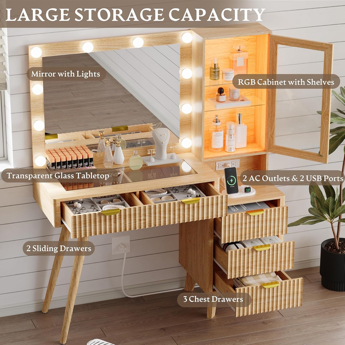 45" Glass Top Vanity Makeup Table Set - Canva Home