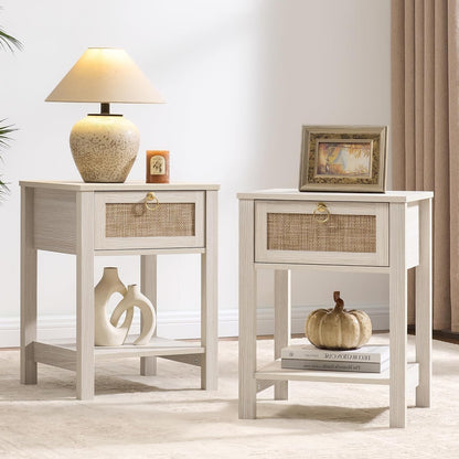 Romilly Rattan Nightstand Set of 2 with Drawer & Open Shelf, White Oak