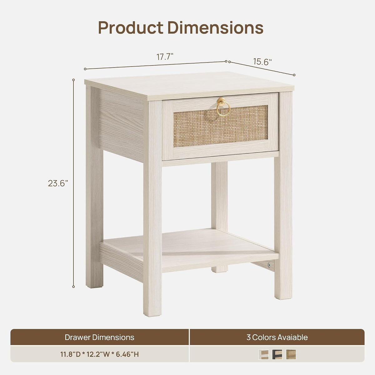 Romilly Rattan Nightstand Set of 2 with Drawer & Open Shelf, White Oak