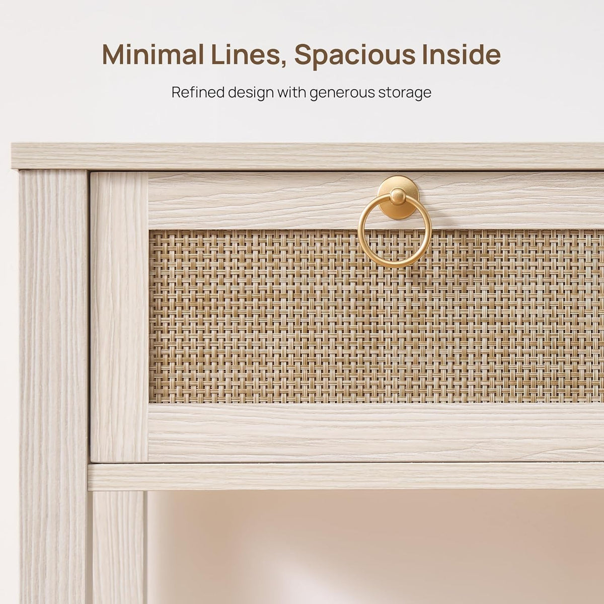 Romilly Rattan Nightstand Set of 2 with Drawer & Open Shelf, White Oak