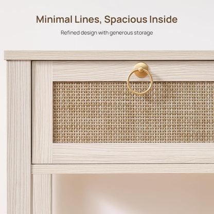 Romilly Rattan Nightstand Set of 2 with Drawer & Open Shelf, White Oak