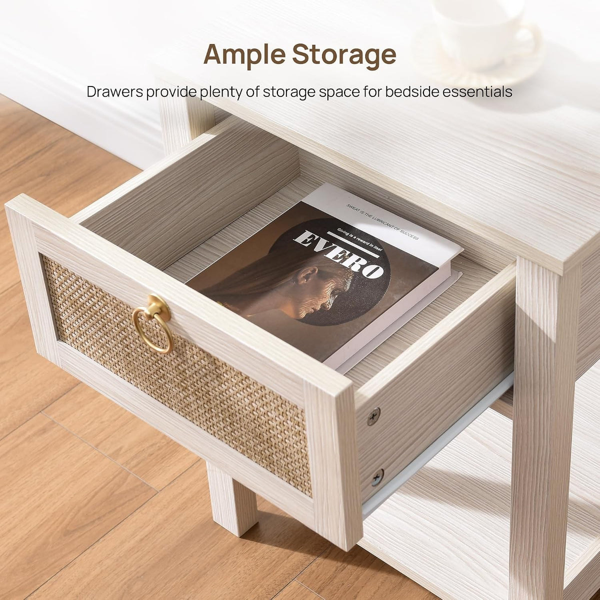 Romilly Rattan Nightstand Set of 2 with Drawer & Open Shelf, White Oak