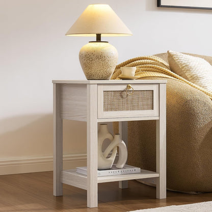 Romilly Rattan Nightstand Set of 2 with Drawer & Open Shelf, White Oak