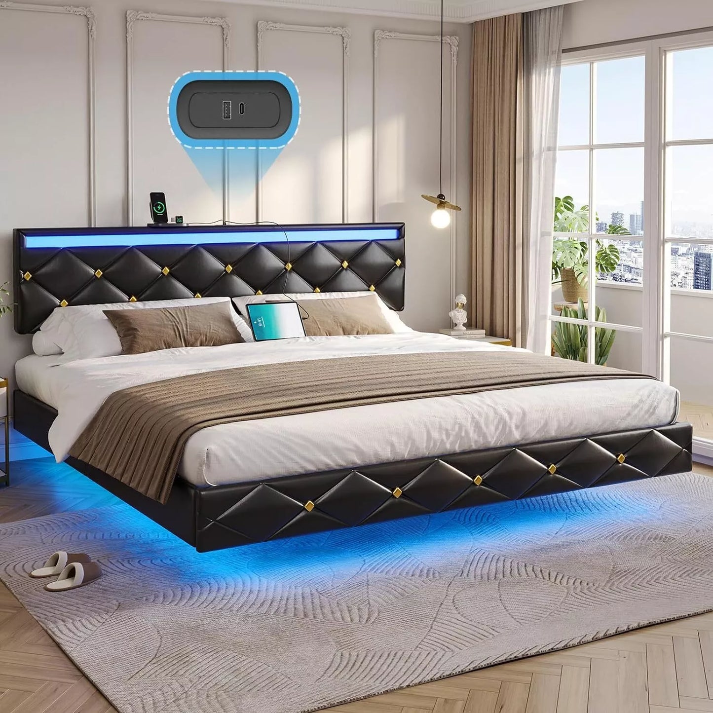 Shah Leather Upholstered Floating Bed With Lights