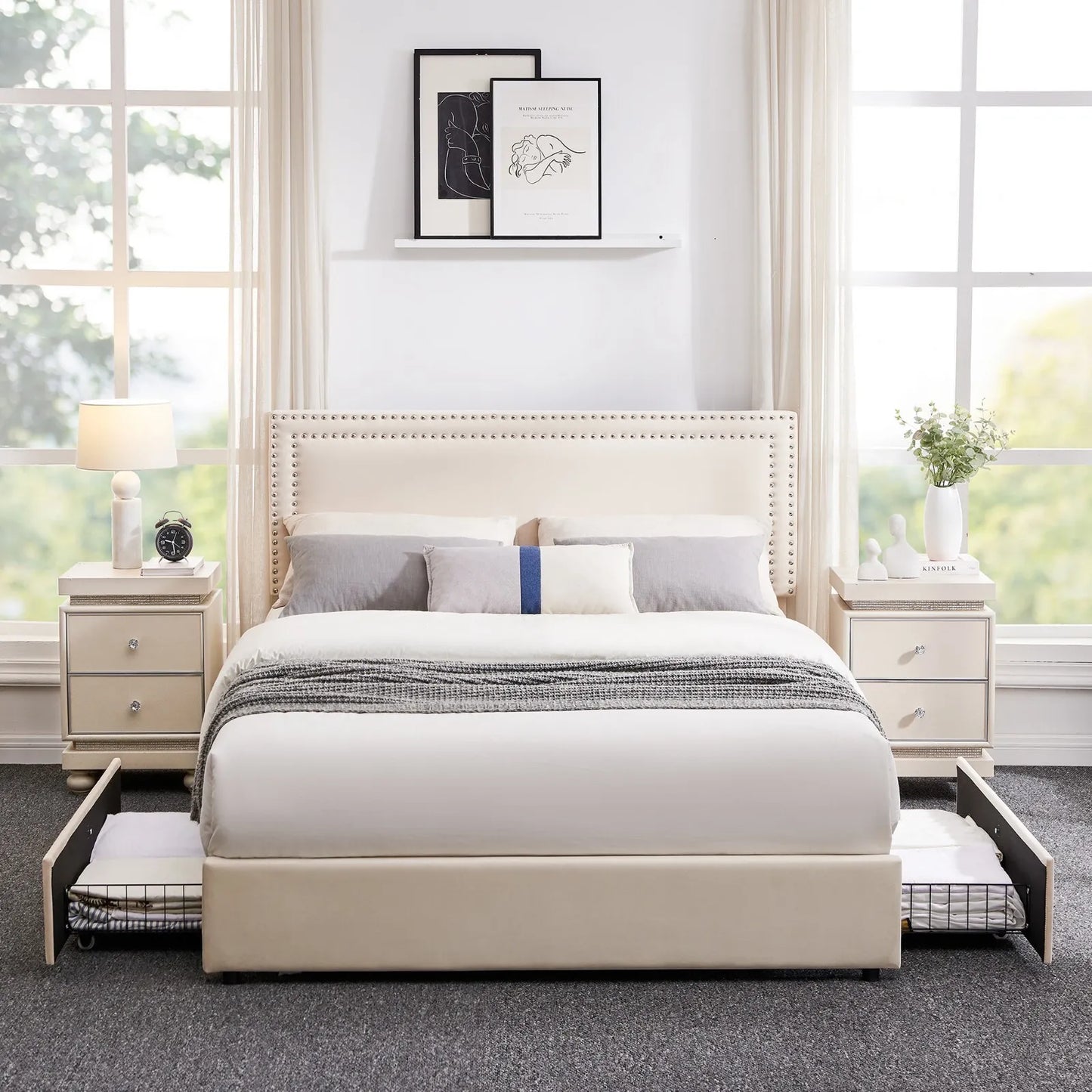 Queen Fabric Plateform Bed Frame With Storage